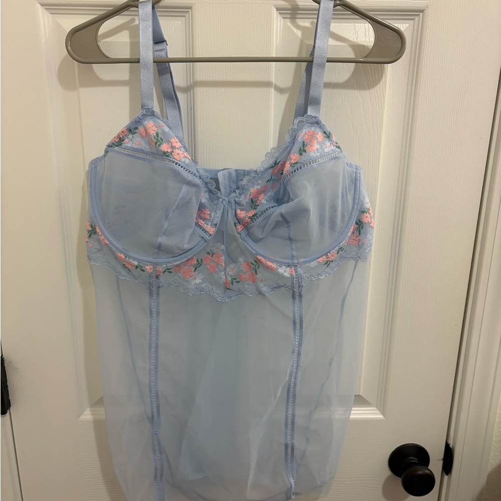 Auden Light Blue Lingerie with Pink Floral Lace